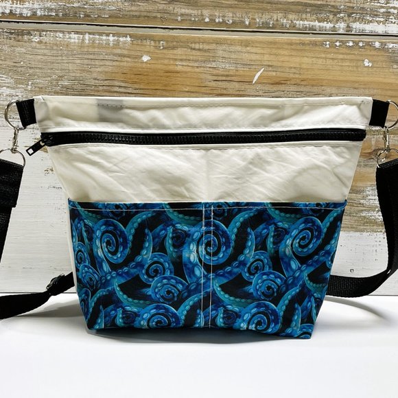 Recycled Sail Cloth Octopus Womens Crossbody Bag Handmade - Picture 2 of 6